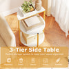 3-tier round end table with gold metal base, ideal for organizing magazines, drinks, and snacks in small spaces.