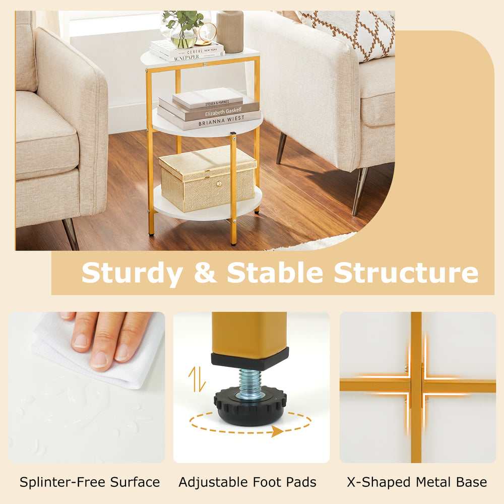 3-tier round end table with adjustable foot pads and X-shaped metal base, ideal for small spaces and bedrooms.