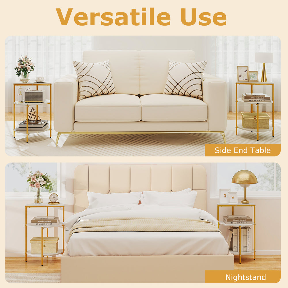 3-tier round end table with X-shaped metal base, perfect as a side table or nightstand for small spaces.