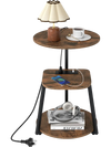 3-tier round end table with a rustic brown finish, built-in charging station, and heavy-duty metal frame for versatile storage.