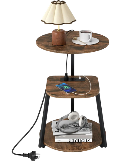 Costway 3-Tier Round End Side Table with Charging Station Metal Frame 72161178 New