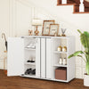 3-tier white shoe cabinet with doors and adjustable shelves, ideal for organizing shoes in an entryway.