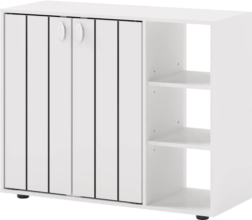 3-tier white shoe cabinet with doors and adjustable open shelves, ideal for entryway storage and organization.