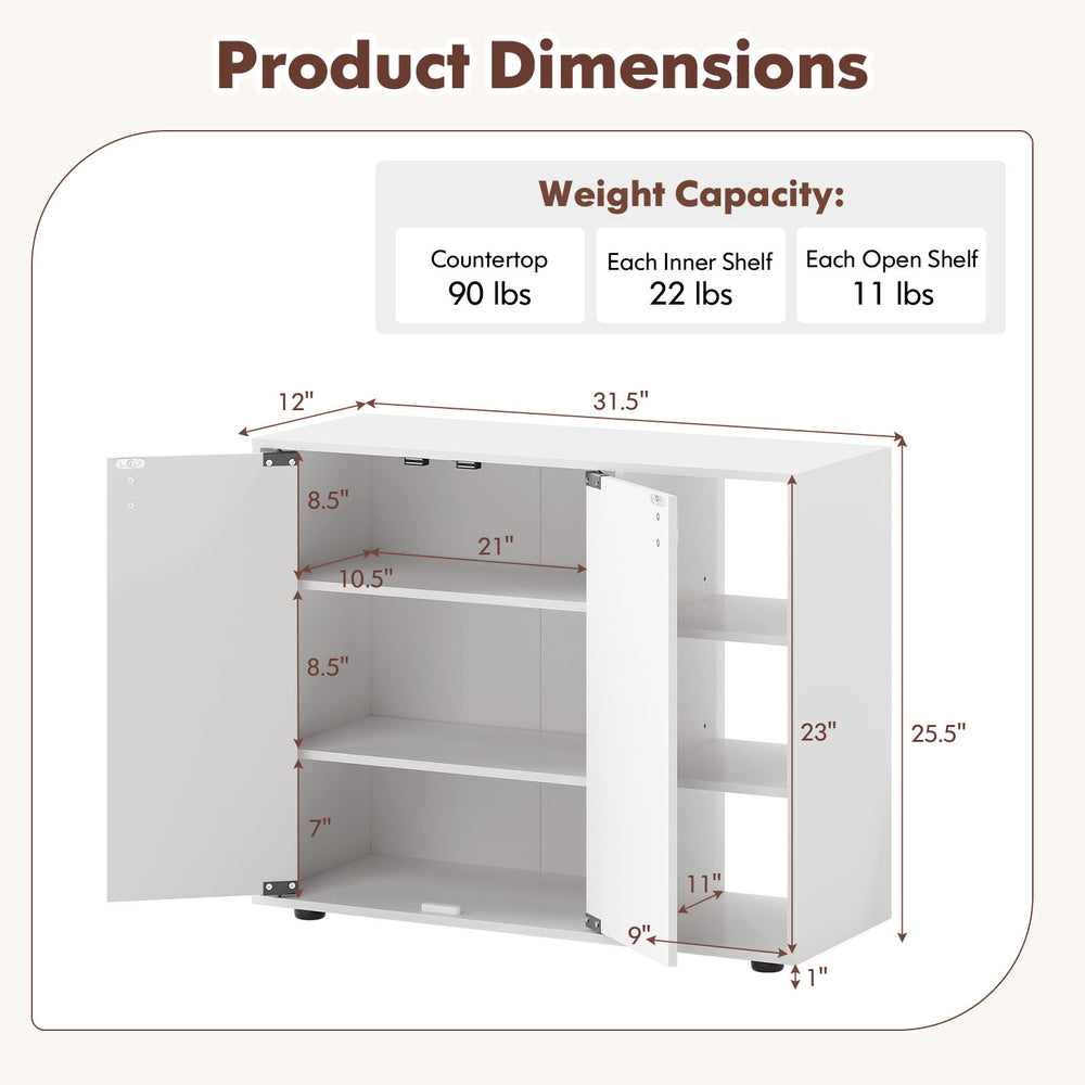 3-tier white shoe cabinet with adjustable open shelves, featuring magnetic door catch and ample storage for entryway.