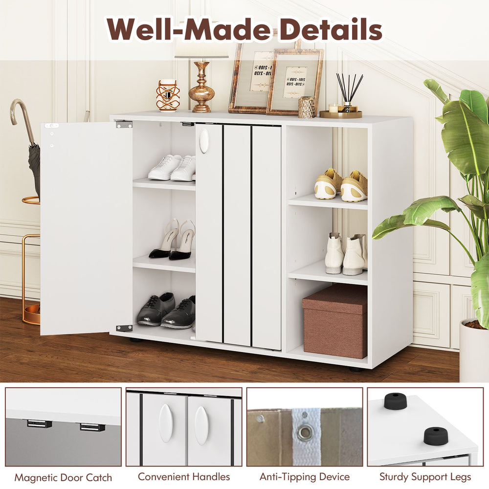 3-tier white shoe cabinet with adjustable shelves, convenient handles, and magnetic door catch for organized entryway.