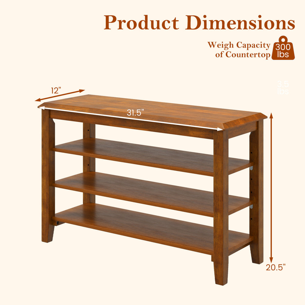 3-tier shoe rack bench in brown with adjustable shelves, sturdy rubber wood frame, ideal for entryway or living room.