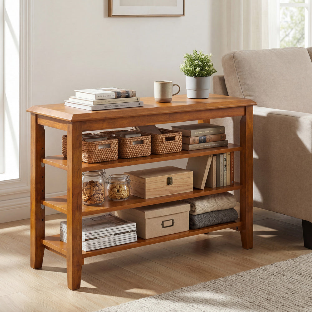 3-tier shoe rack bench in brown rubber wood with adjustable shelves, ideal for entryway or living room organization.