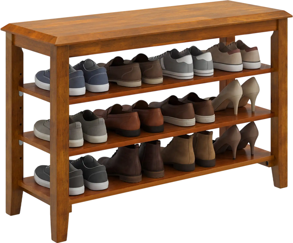 3-tier shoe rack bench in brown with adjustable shelves, perfect for entryway organization and comfortable seating.