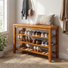 3-tier shoe rack bench in brown rubber wood with adjustable shelves, perfect for entryway organization and seating.