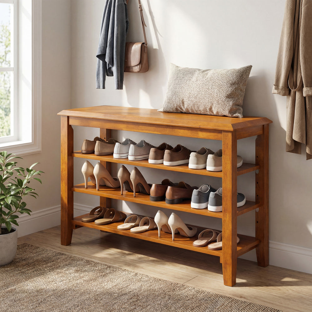 3-tier shoe rack bench in brown rubber wood with adjustable shelves, perfect for entryway organization and seating.