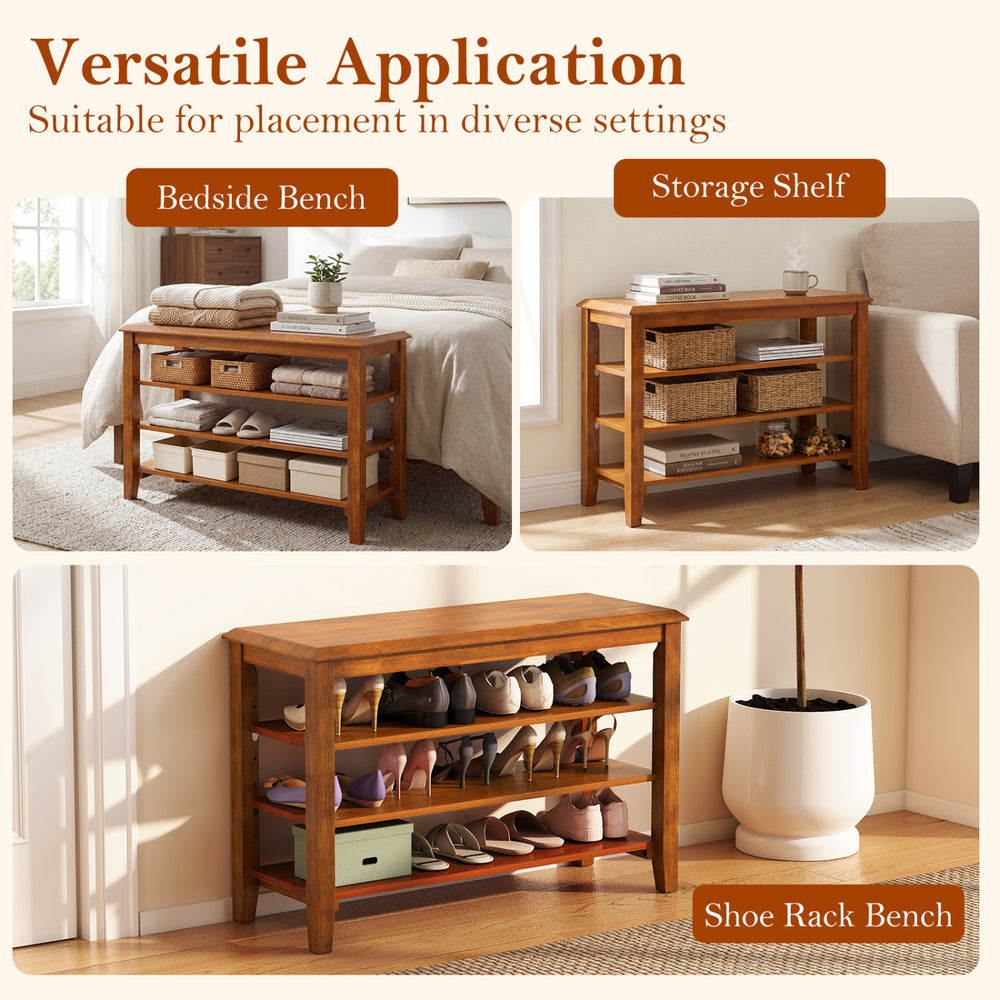 Shoe rack bench with three adjustable shelves in brown rubber wood, designed for versatile use in narrow spaces.