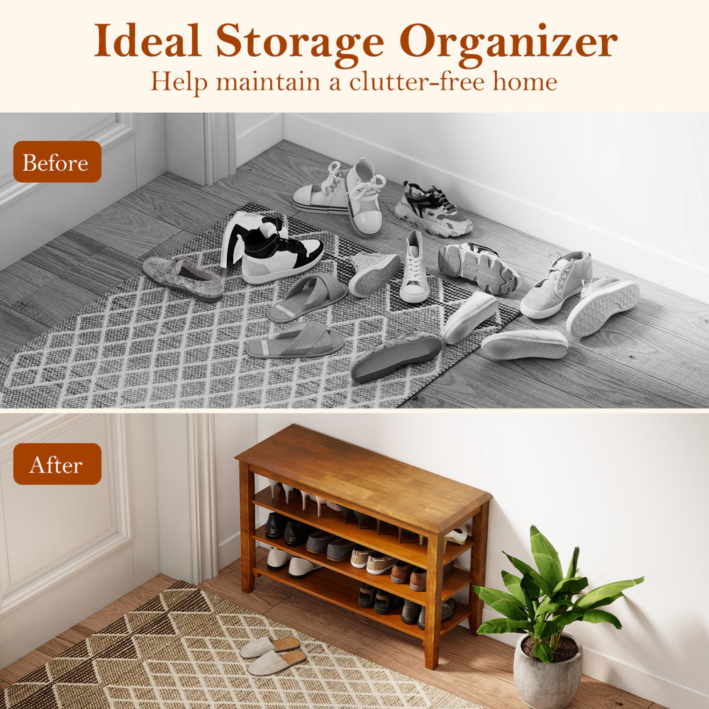 Adjustable 3-tier shoe rack bench in brown with sturdy rubber wood, offering stylish seating and shoe storage solutions.