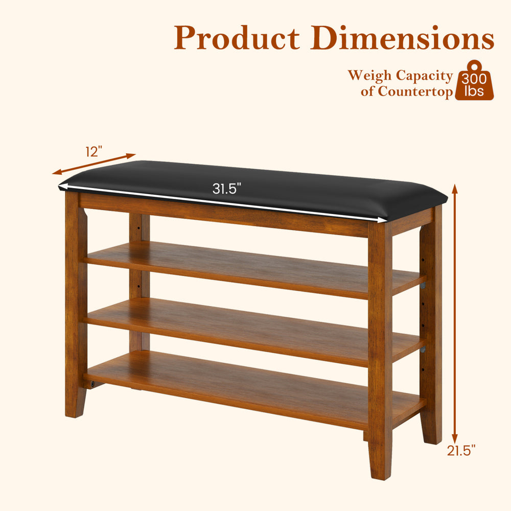 3-tier shoe rack bench in brown with adjustable shelves and soft cushion, ideal for entryway or living room use.