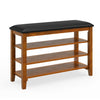 3-tier shoe rack bench showcasing a sturdy rubber wood frame and soft cushion, suitable for narrow entryways or living.