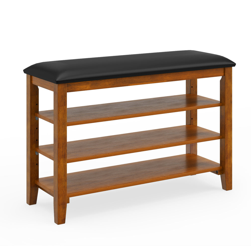 3-tier shoe rack bench showcasing a sturdy rubber wood frame and soft cushion, suitable for narrow entryways or living.