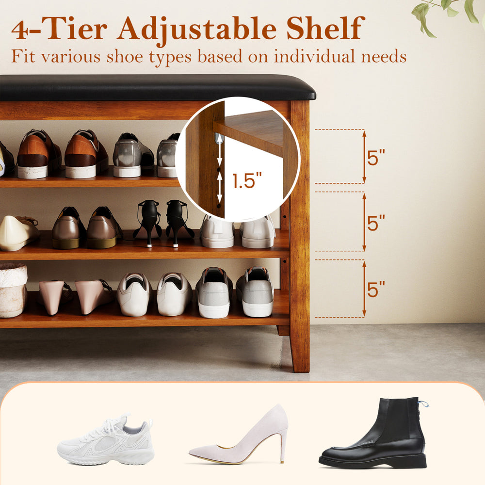 3-tier shoe rack bench in brown with adjustable shelves and soft cushion, ideal for entryway or living room.