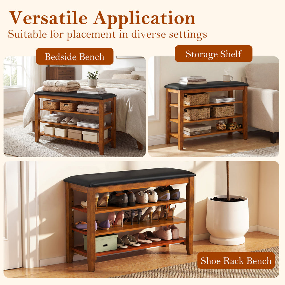 3-tier shoe rack bench featuring a soft cushion and adjustable shelves, designed for versatile use in any home setting.