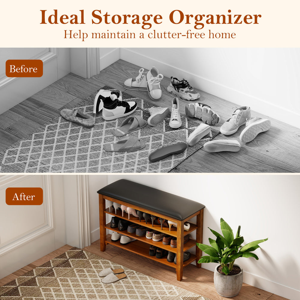 3-tier shoe rack bench in brown with adjustable shelves and soft cushion, ideal for entryway organization.