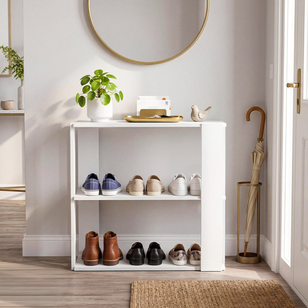 Three-tier white shoe rack with stackable design, ideal for organizing shoes and maintaining a clutter-free entryway.