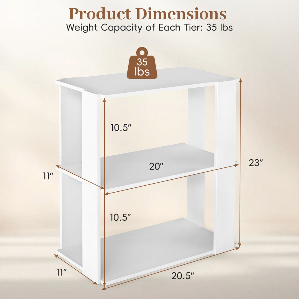 3-tier white shoe rack with stackable design, featuring sturdy construction and dimensions of 20.5" W x 23" H for versatile storage.