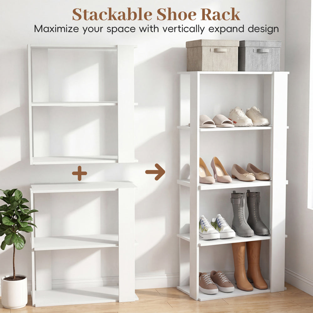 3-tier stackable shoe rack in white with spacious tiers for organizing shoes and maximizing vertical space.