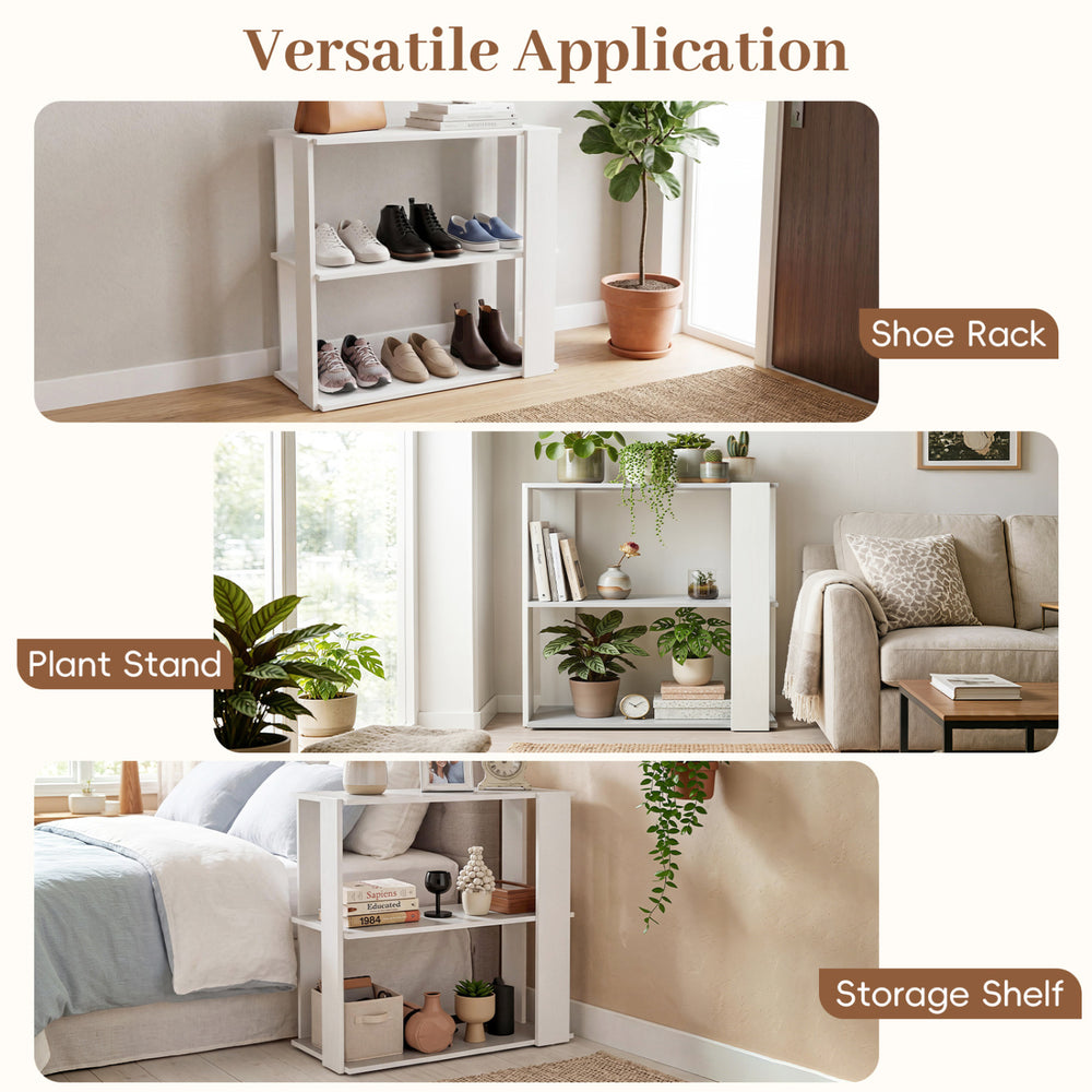 3-tier white shoe rack with stackable design, ideal for organizing shoes, plants, or as a storage shelf in any room.