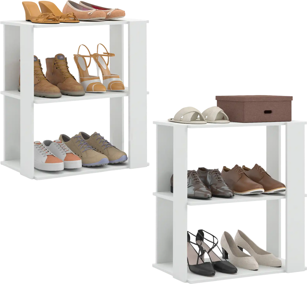 3-tier white shoe rack set of 2, stackable design with spacious tiers for organized shoe storage and stability.