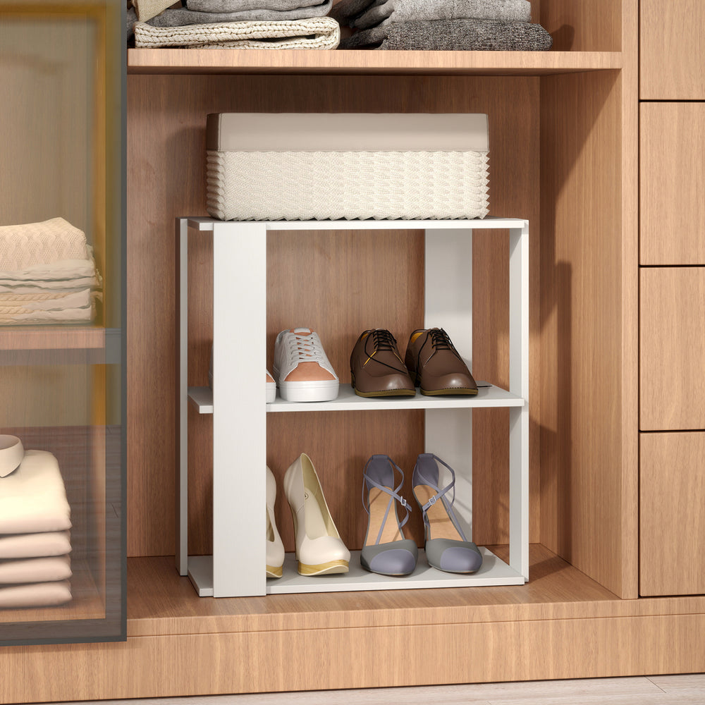 3-tier white shoe rack with stacked design, featuring spacious tiers and anti-tipping device for closet organization.