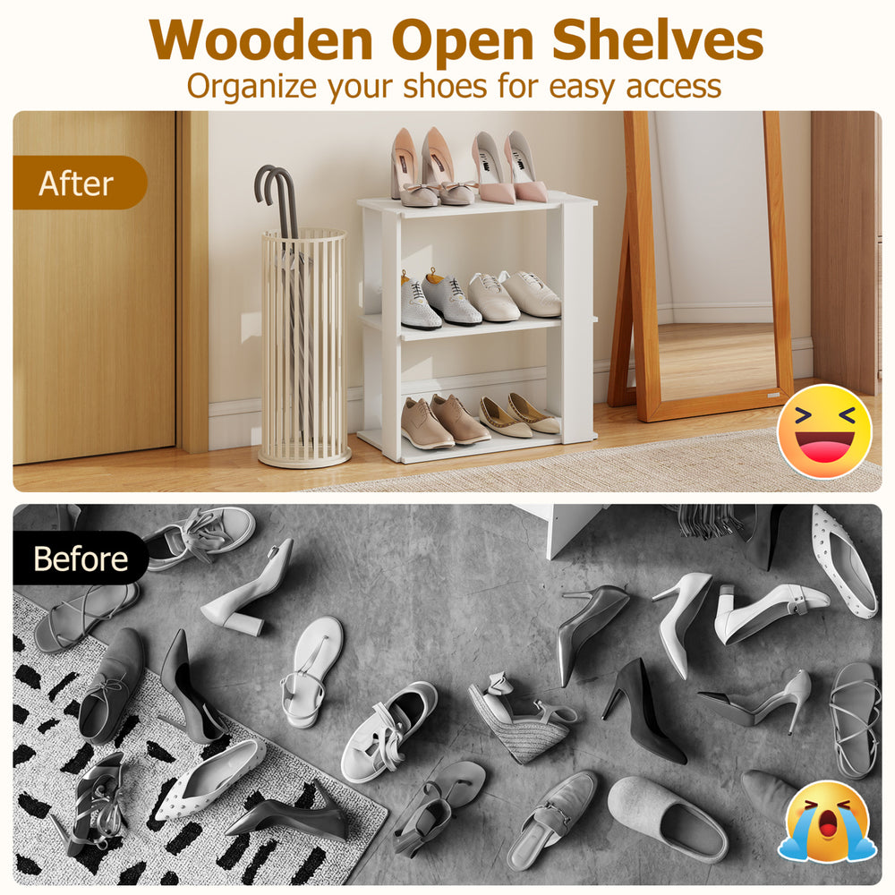 3-tier white shoe rack with stackable design, showcasing organized shoes for easy access in a tidy home.