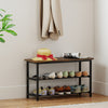 3-tier shoe rack bench in rustic brown with metal slat shelves, perfect for entryway storage and seating.