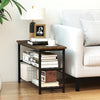 3-tier shoe rack bench in rustic brown with metal slat shelves, ideal for entryway or living room storage.