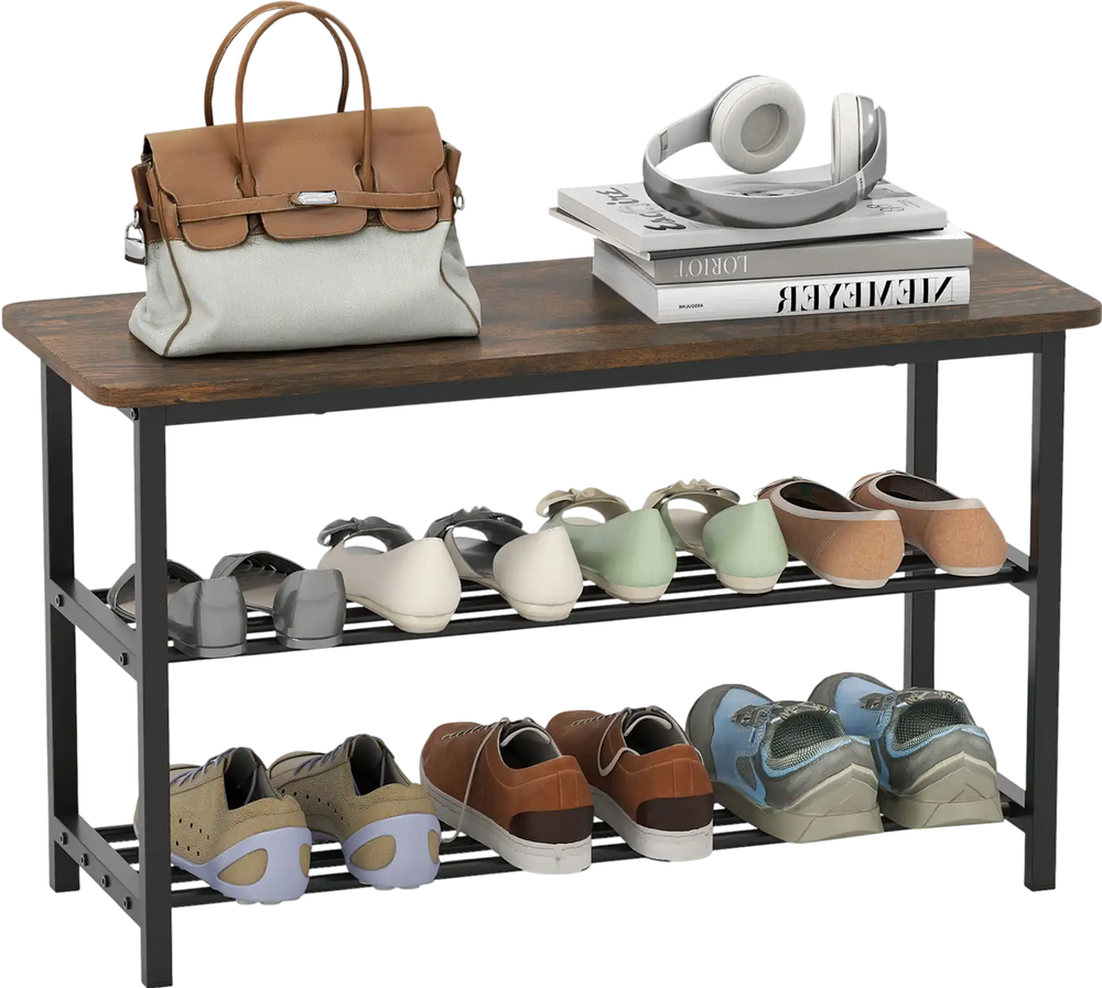 Rustic brown 3-tier shoe rack bench with durable metal frame and wooden seat, perfect for stylish entryway organization.