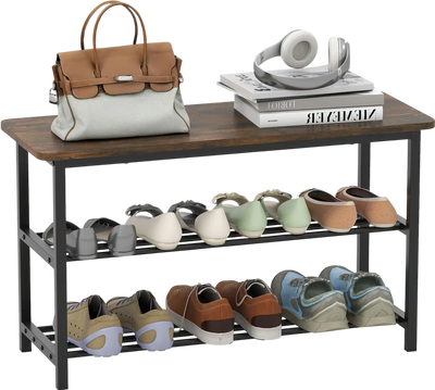 Costway 3-Tier Shoe Bench Rack w/ Metal Slat Shelves Wooden Seat 22529777 New