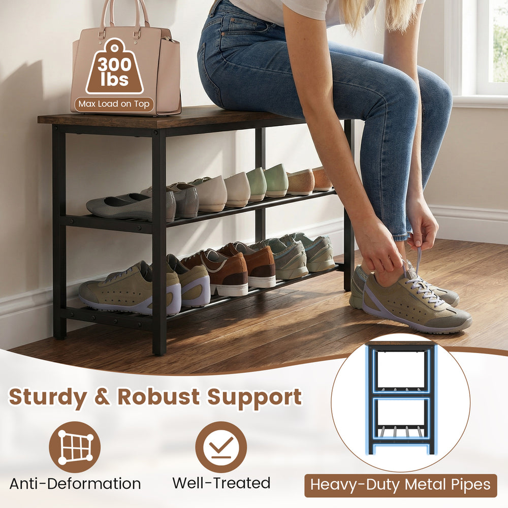 3-tier shoe rack bench in rustic brown with metal slat shelves, supporting 300 lbs, ideal for entryway or living room.