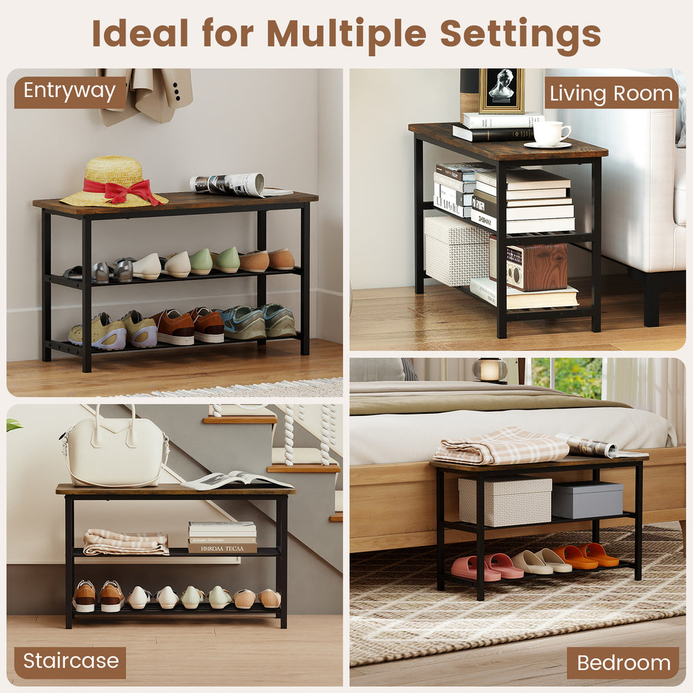 3-tier shoe rack bench in rustic brown with metal slat shelves, ideal for entryway, living room, or bedroom storage.