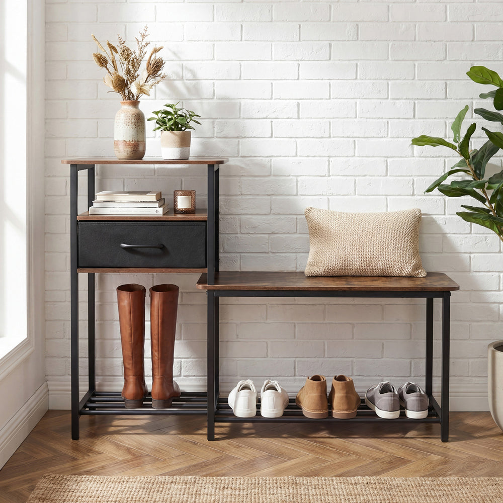 3-tier shoe storage rack bench in rustic brown with drawer and metal frame, perfect for organizing footwear and enhancing entryways.