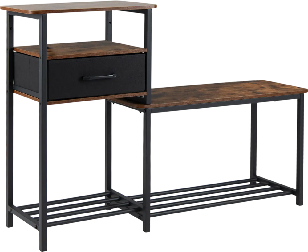 3-tier shoe storage rack bench in rustic brown features a removable fabric drawer and wood shelves for versatile organization.