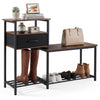 3-tier shoe storage rack bench in rustic brown with a drawer, metal frame, and space for boots and shoes.