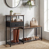 3-tier shoe storage rack bench in rustic brown with a drawer and metal frame, ideal for organizing footwear and accessories.