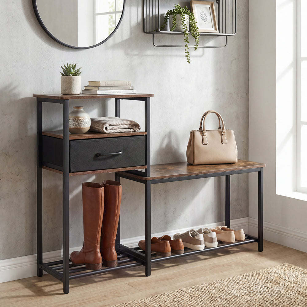 3-tier shoe storage rack bench in rustic brown with a drawer and metal frame, ideal for organizing footwear and accessories.
