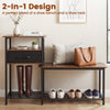 3-tier shoe storage rack bench in rustic brown with a drawer and metal frame, perfect for organizing footwear.
