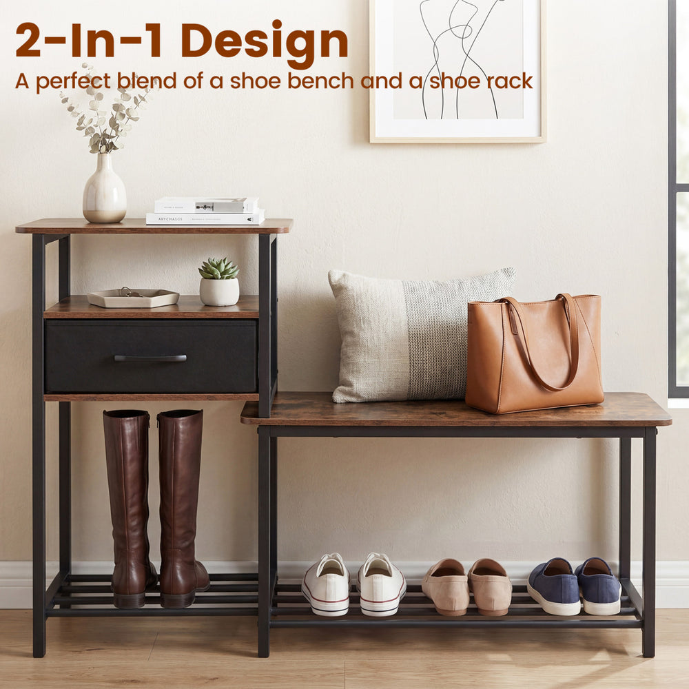 3-tier shoe storage rack bench in rustic brown with a drawer and metal frame, perfect for organizing footwear.