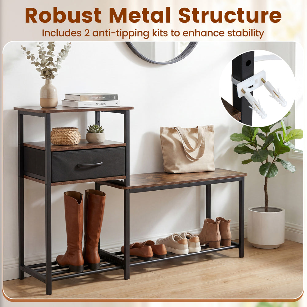 3-tier shoe storage rack bench in rustic brown features a robust metal frame, drawer, and anti-tipping kits for stability.