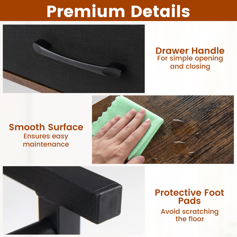 3-tier shoe storage rack bench in rustic brown with a drawer handle, smooth surface, and protective foot pads for easy maintenance.