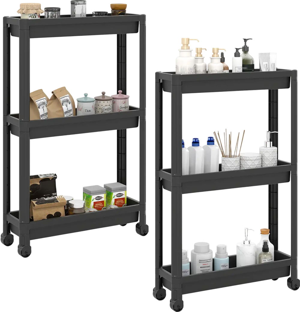 3-tier slim rolling storage cart in black, ideal for compact areas, featuring wheels for easy mobility and waterproof.