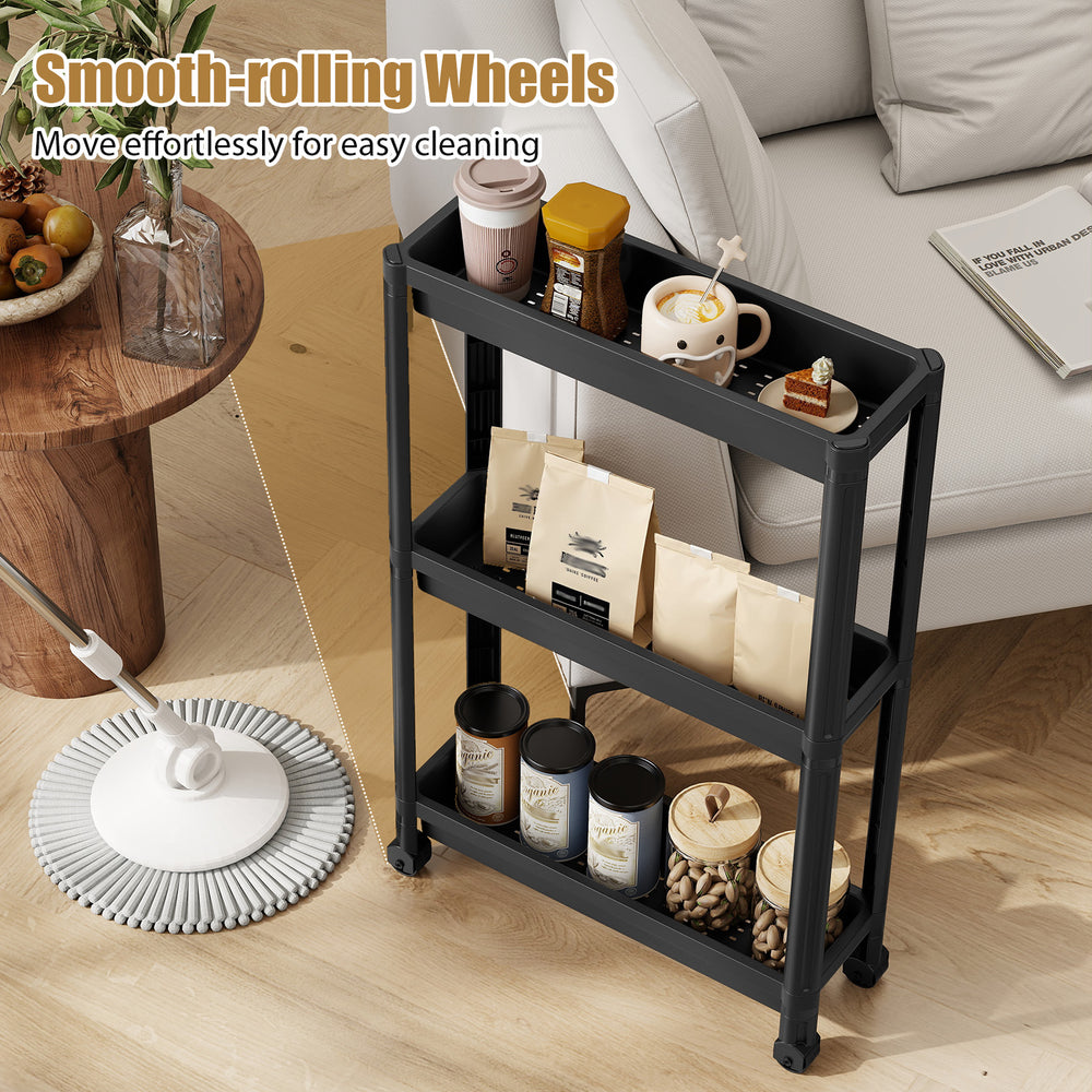 3-tier black rolling storage cart with smooth-rolling wheels, ideal for compact spaces like kitchens and bathrooms.