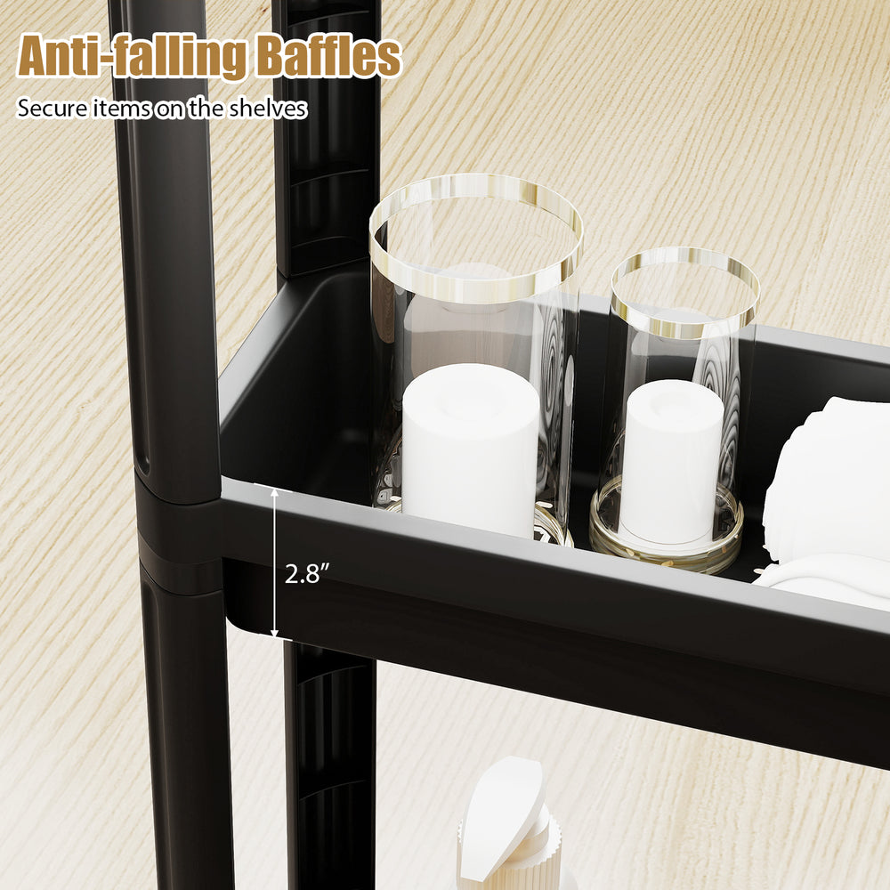 3-tier black rolling storage cart with anti-falling baffles, ideal for bathroom organization and compact spaces.