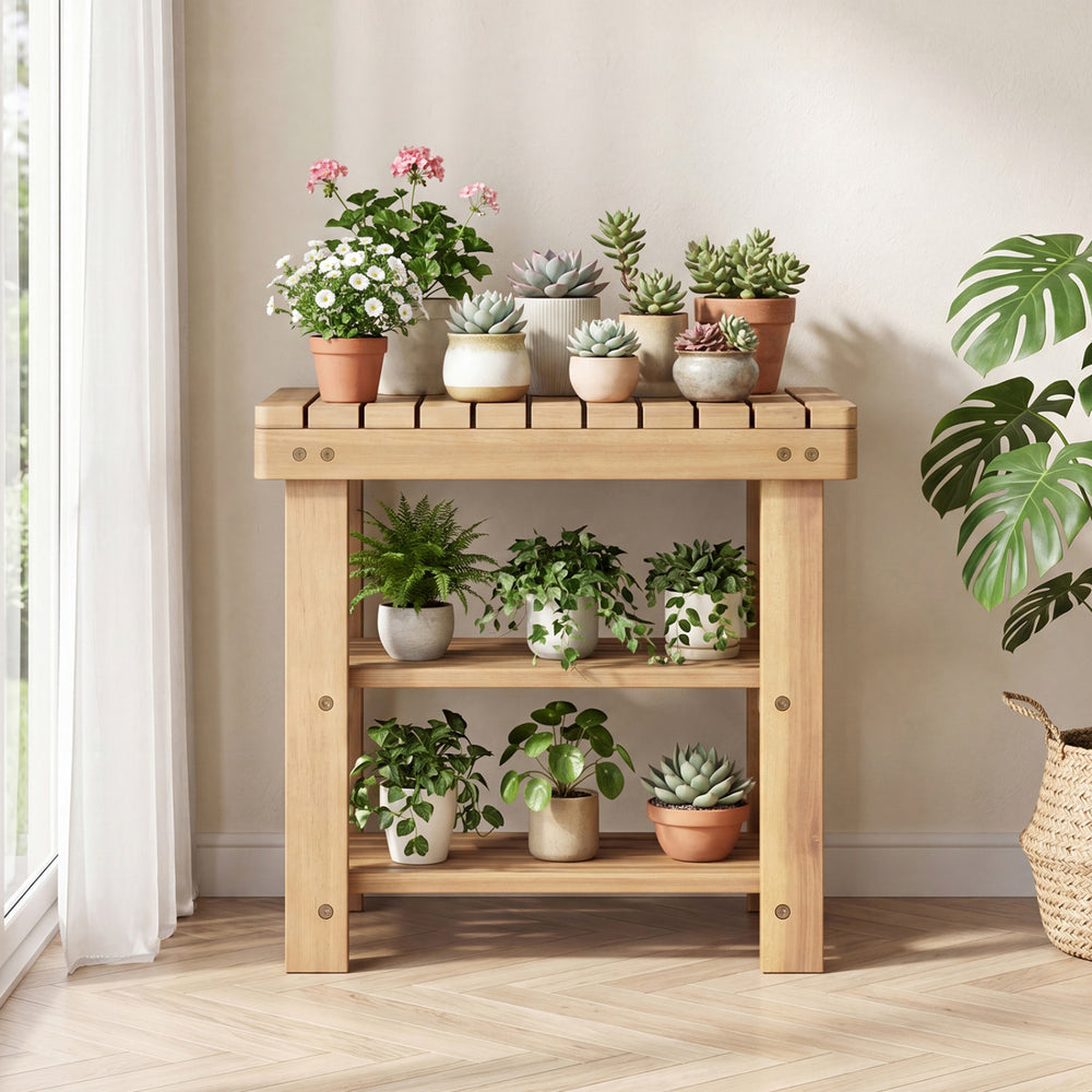 Solid wood 3-tier shoe rack bench with slatted shelves, ideal for organizing shoes in entryways or smaller living spaces.