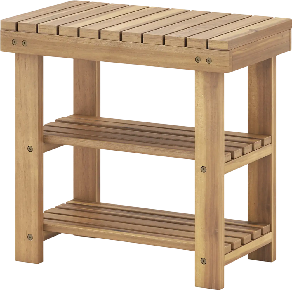 Solid wood 3-tier shoe rack bench with slatted shelves, perfect for entryways and compact living spaces.