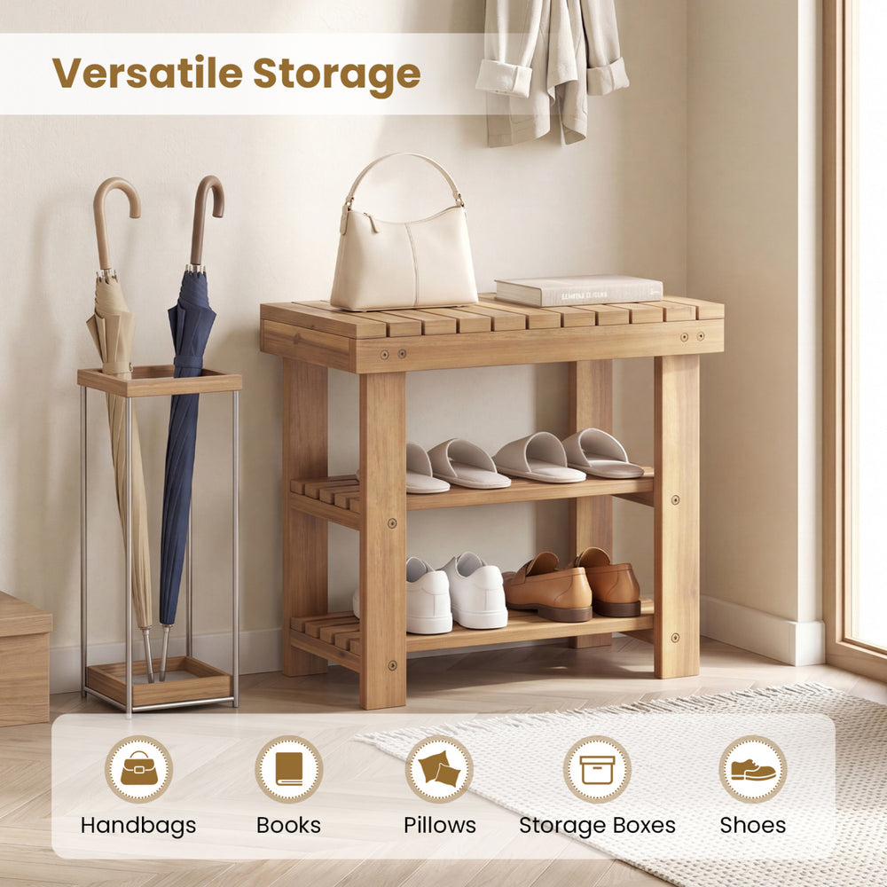 3-tier solid wood shoe rack bench with slatted shelves, ideal for entryway storage and maintaining a tidy space.